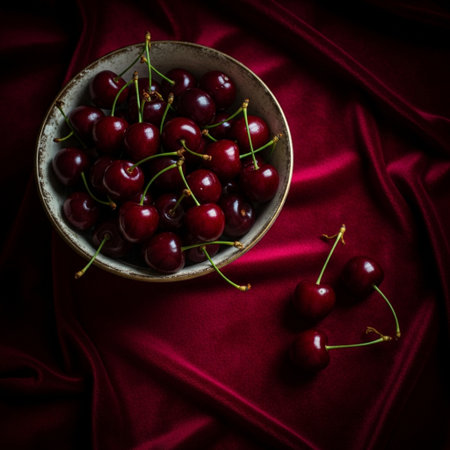 Cherries in a bowl on a red satin background.の素材