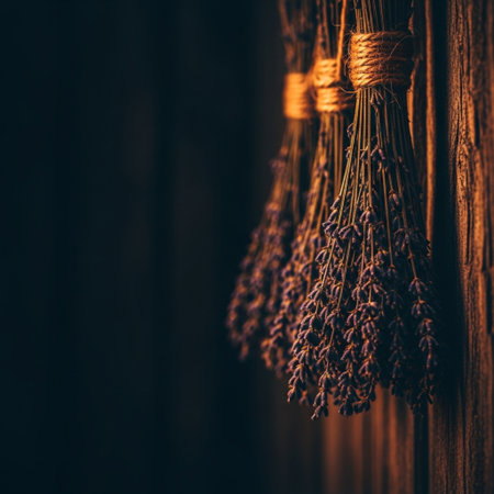 Bunch of dried lavender flowers on wooden background. Toned.の素材