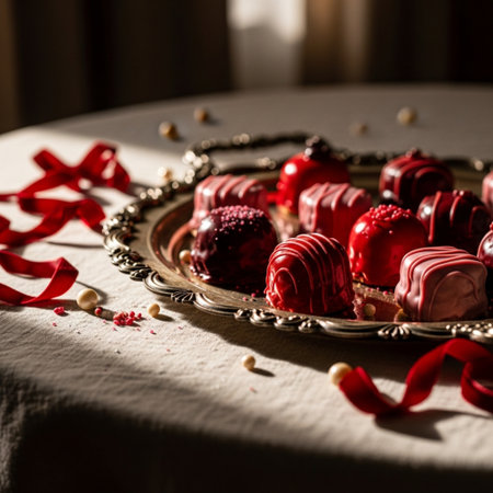 Red mousse cakes on a plate with red ribbons on a white tableの素材