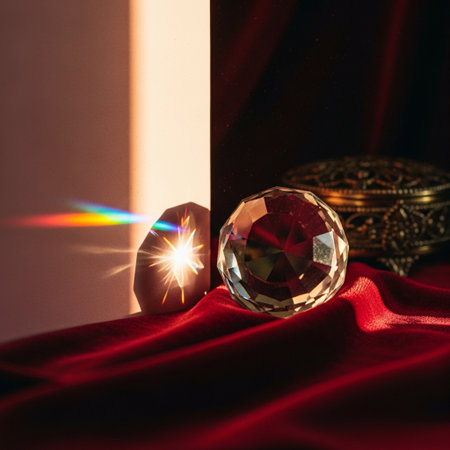 A pair of precious stones on a red velvet background with sun raysの素材