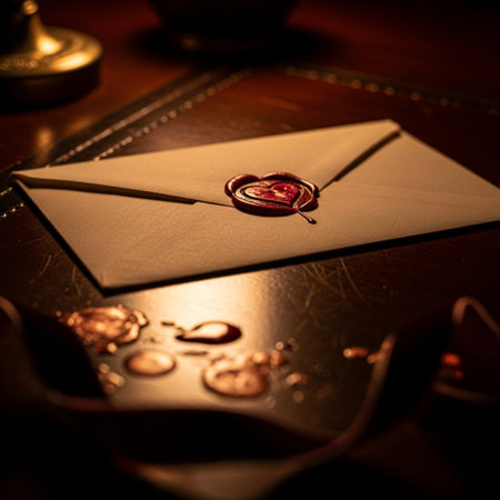 Envelope with wedding ring on a wooden table. Selective focus.の素材