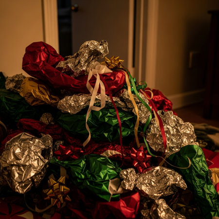 Wrapped Christmas presents in a pile of colorful wrapping paper. Selective focus.の素材