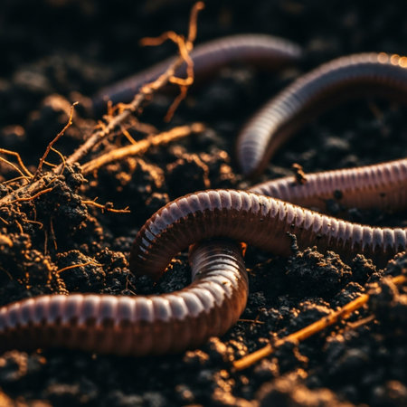 Close up view of a group of earthworms in the soil.の素材