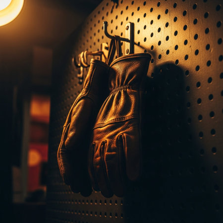 A pair of leather gloves hanging on a wall in a cafe.の素材