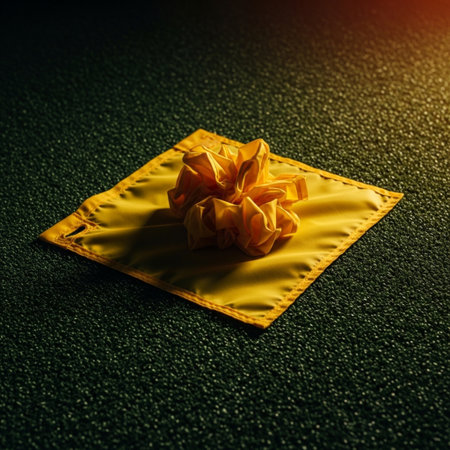 Yellow napkin with a bow on a dark background. Toned.の素材