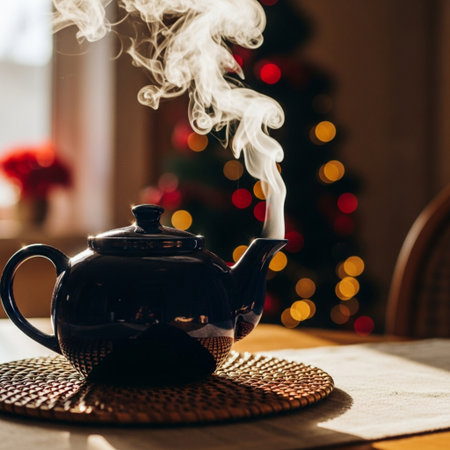 Tea pot on a table in front of a decorated Christmas tree.の素材