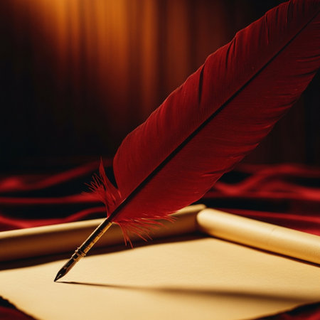 Feather pen and notebook on the background of a red velvet curtainの素材