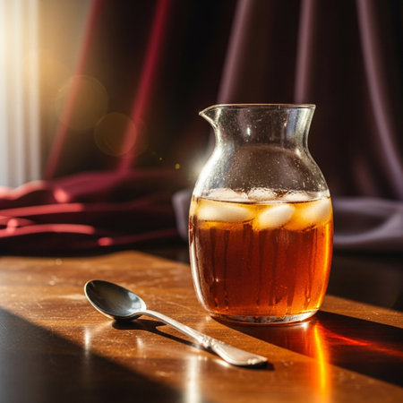 A glass of ice tea with a spoon on a wooden table.の素材