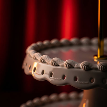 Birthday cake with candles on red curtain background. Shallow depth of fieldの素材