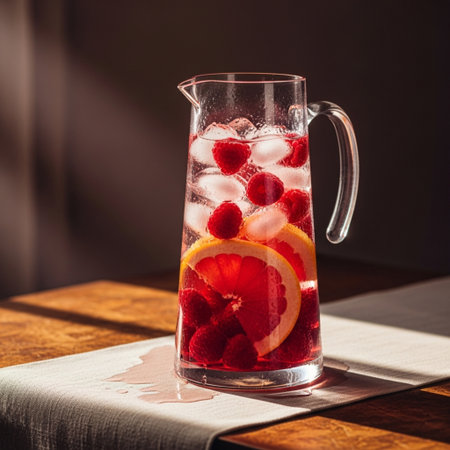 Refreshing lemonade with raspberries and oranges in a jugの素材