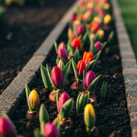 tulips. a bulbous spring-flowering plant of the lily family, with boldly colored cup-shaped flowers.の素材