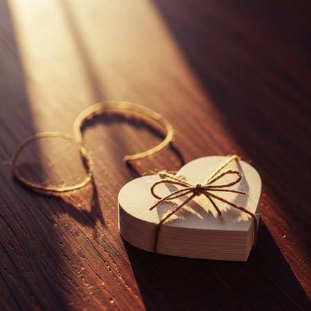 Two wooden hearts on a wooden background. Shallow depth of field.の素材