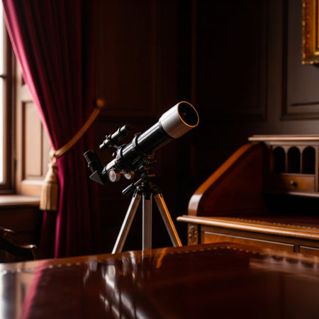 Telescope on a tripod in a courtroom or law enforcement officeの素材
