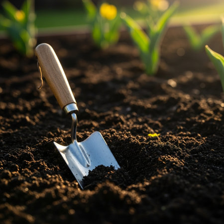 Garden trowel in the soil. Gardening concept.の素材