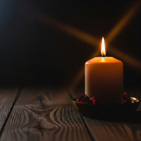 Burning candle on dark wooden background. Valentine's day concept.の素材
