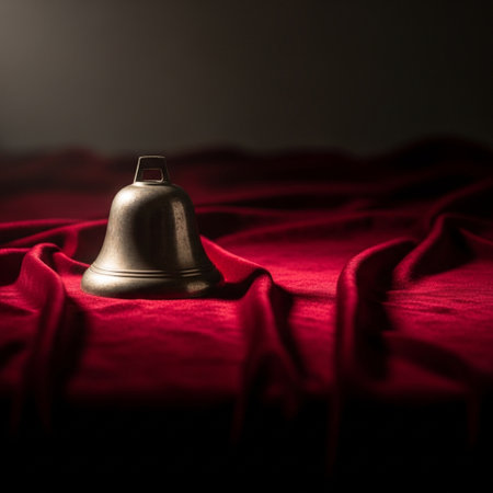 Vintage metal bell on red fabric background. Selective focus.の素材