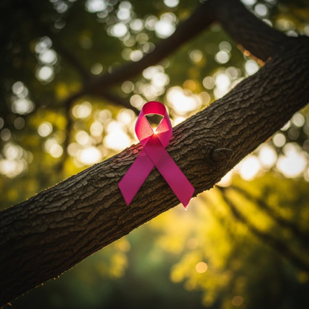 Breast cancer awareness pink ribbon on tree with bokeh background.の素材