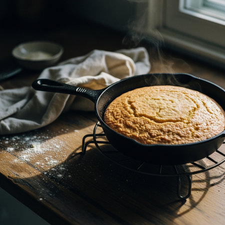 Homemade cornbread in a cast-iron frying pan on a wooden tableの素材