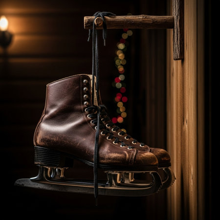 A pair of ice skates hanging on a wooden shelf in a dark roomの素材