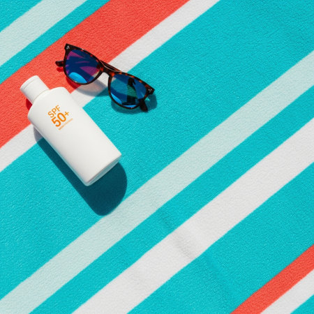 Sunscreen with sunglasses on a striped beach towel. Sun protection concept.の素材