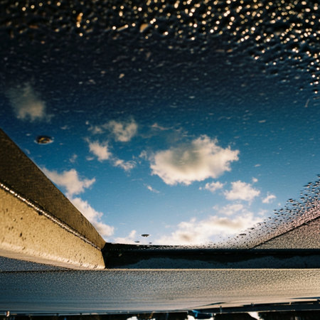 Reflection of blue sky and clouds in car windshield with water dropsの素材