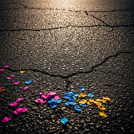 Broken asphalt with colorful confetti on it. Toned.の素材