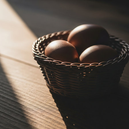 Easter eggs in a basket on a wooden table with sunlight.の素材