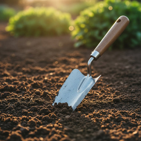 Garden trowel on soil background. Gardening concept.の素材