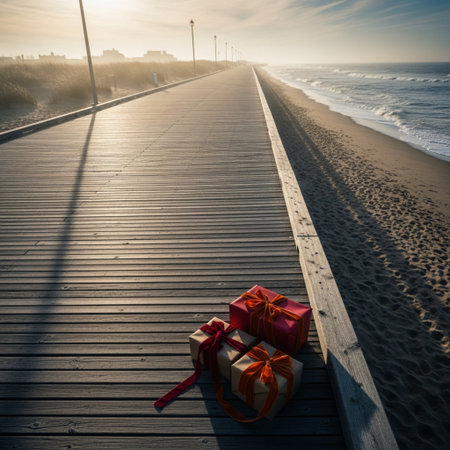 Wooden pier with Christmas gifts on the beach at sunrise, Baltic Sea, Polandの素材