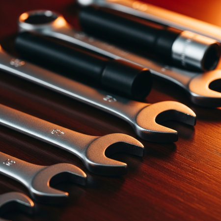 Set of wrenches on a wooden background. Close-up.の素材