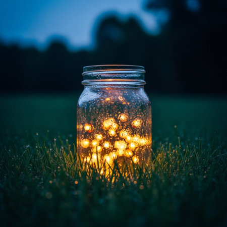 Glass jar with lights on the grass in the field at night.の素材