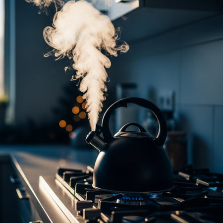 Kettle with steam on the gas stove in the kitchen at nightの素材