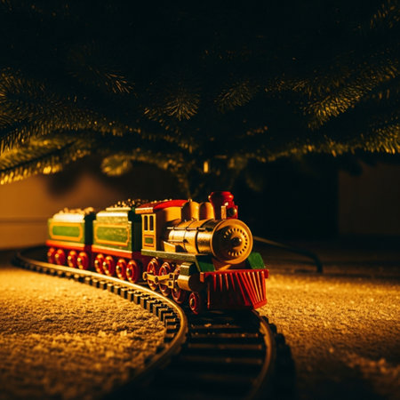 Toy train on the background of a Christmas tree. Selective focus.の素材