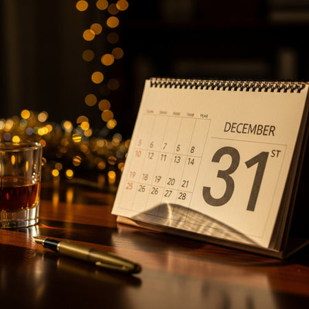 The December 31 calendar on the table with a glass of whiskey.の素材