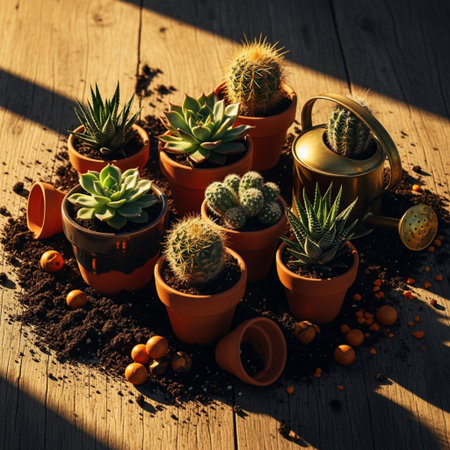 Cactuses and succulents in pots on a wooden tableの素材