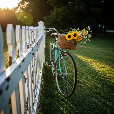 Bicycle with basket of wildflowers on the fence at sunsetの素材