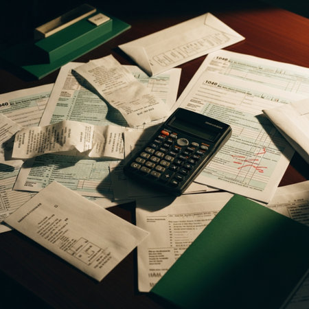 Calculator on the table with many bills and documents. Toned.の素材