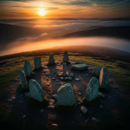 Sunrise on the top of the mountain with stone circle. Beautiful landscape.の素材