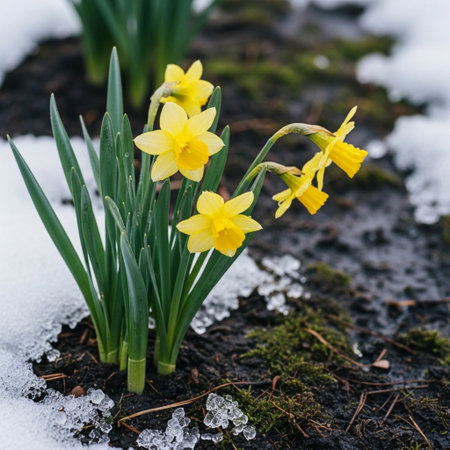 Yellow daffodils in the snow. Spring flowers in the snow.の素材