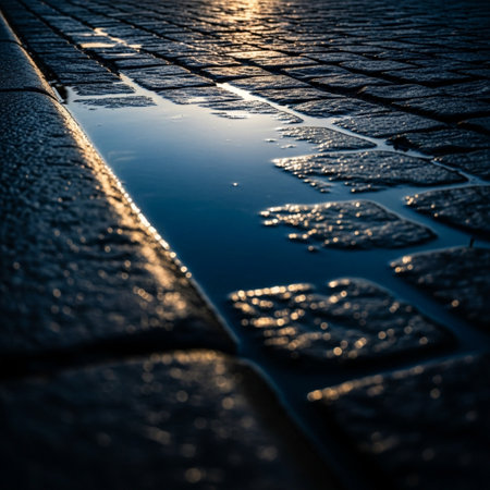 Water puddle on the cobblestone street in Prague, Czech Republicの素材