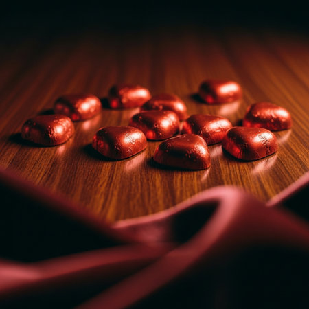 Chocolate candies in the shape of a heart and a red ribbon on a wooden backgroundの素材