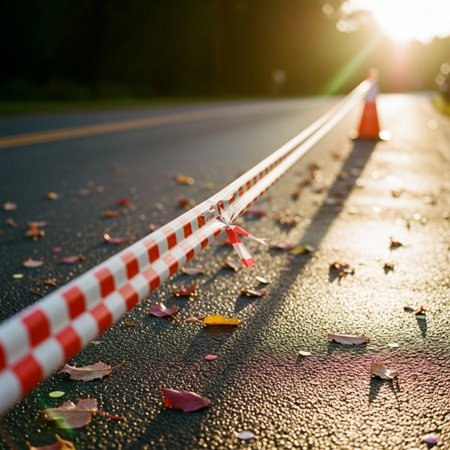 Red and white barrier tape on the road with autumn leaves and sunlightの素材