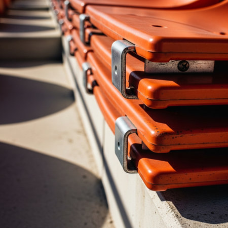 Close up of orange plastic seats on the bleachers of the stadiumの素材