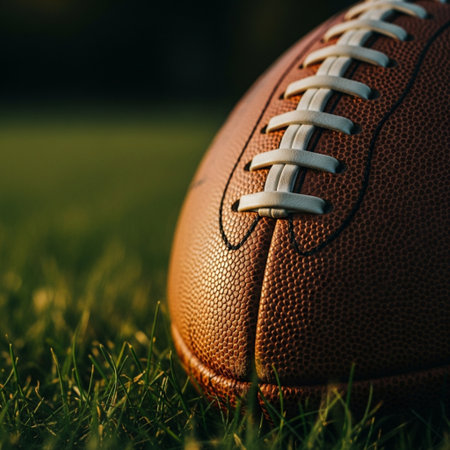 Close up of american football ball on green grass with copy spaceの素材