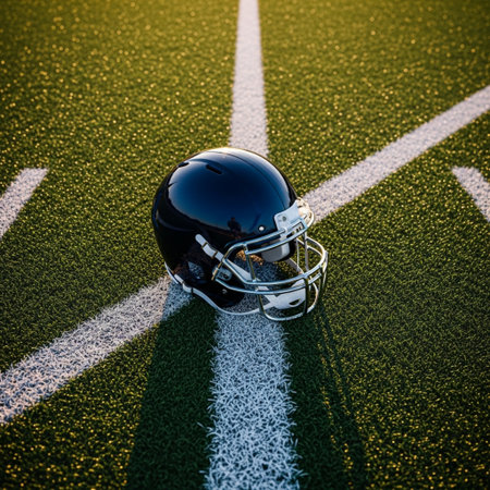 American football helmet on a green field with white line and copy spaceの素材