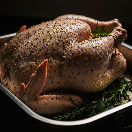 Whole raw chicken with rosemary and spices on a black backgroundの素材