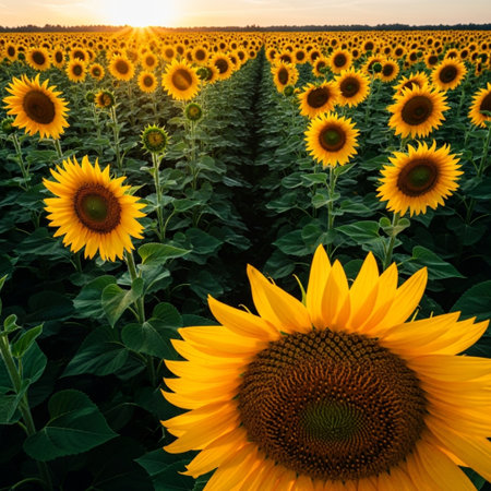 Sunflower field at sunset. Beautiful summer landscape with sunflower field.の素材