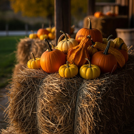 Halloween pumpkins on a hay bale. Autumn background.の素材