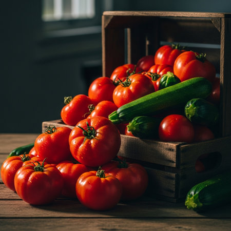 Fresh ripe tomatoes and zucchini in wooden box on wooden tableの素材