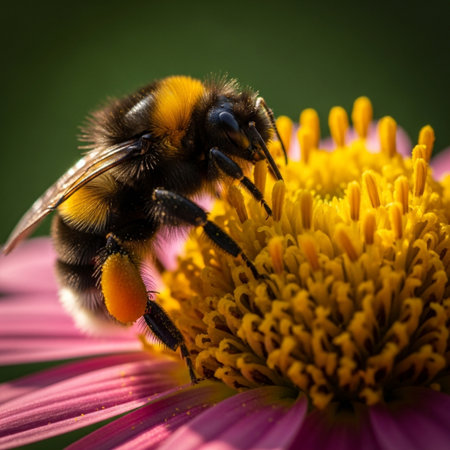 Bumblebee collecting pollen from a daisy flower, close upの素材